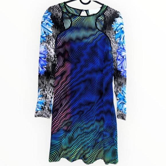 Peter Pilotto Vintage SILK LS floral print multicolour blue Black mini dress XS - Picture 2 of 4